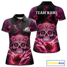 Load image into Gallery viewer, Custom Pink Purple Sugar Skull Bowling Women Polo Shirt, Halloween Team Bowling Outfit IPHW11144