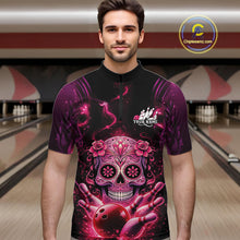 Load image into Gallery viewer, Custom Pink Purple Sugar Skull Bowling Men Quarter-Zip Shirt, Halloween Team Bowling Outfit IPHW11144