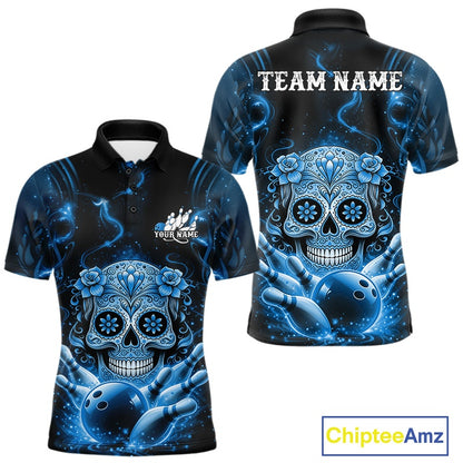 Front and back view of a black and blue men’s bowling polo shirt featuring a floral sugar skull above a bowling ball with bowling pins in Day of the Dead style.