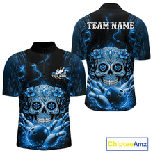 Load image into Gallery viewer, Custom Blue Sugar Skull Bowling Men Quarter-Zip Shirt, Halloween Team Bowling Outfit IPHW11146