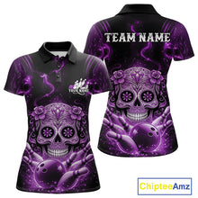 Load image into Gallery viewer, Front and back view of a black and purple women’s bowling polo shirt featuring a floral sugar skull above a bowling ball and bowling pins in Day of the Dead style.