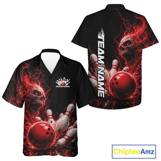 Front and back mockup of a black button up bowling shirt featuring a red flaming skull, lightning, bowling pins, and a custom name.
