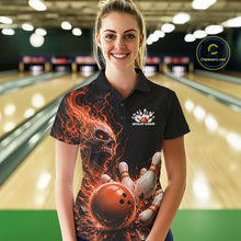 Load image into Gallery viewer, Custom Name Orange Flame Skull Bowling Women Polo Shirts, Halloween Team Bowling Outfit IPHW11393