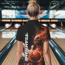 Load image into Gallery viewer, Custom Name Orange Flame Skull Bowling Women Polo Shirts, Halloween Team Bowling Outfit IPHW11393