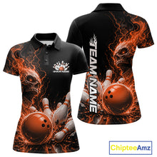 Load image into Gallery viewer, Custom Name Orange Flame Skull Bowling Women Polo Shirts, Halloween Team Bowling Outfit IPHW11393