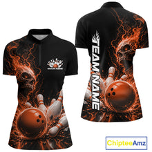 Load image into Gallery viewer, Front and back views of a women's quarter zip bowling shirt mockup featuring an orange fiery skull design with lightning striking a bowling ball and pins and a custom name on a black shirt.
