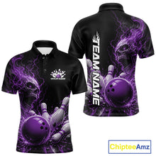Load image into Gallery viewer, Front and back mockup of a black men's bowling polo featuring a purple flaming skull, lightning, bowling pins, and a custom name.
