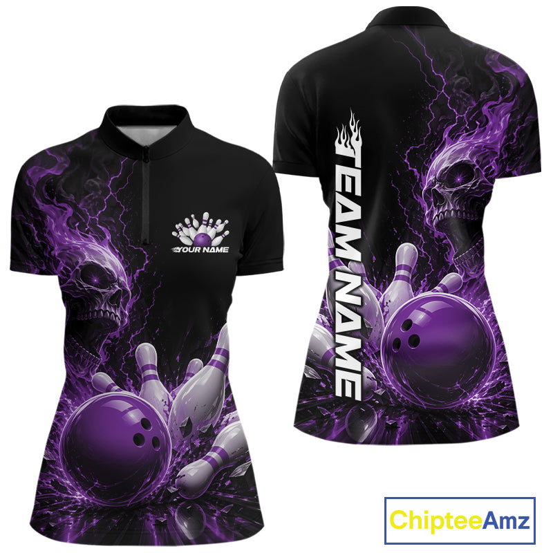 Front and back mockup of a black women's quarter zip bowling shirt featuring a purple flaming skull, lightning, bowling pins, and a custom name.
