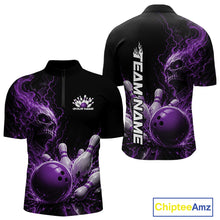 Load image into Gallery viewer, Front and back mockup of a black men's quarter zip bowling shirt featuring a purple flaming skull, lightning, bowling pins, and a custom name.
