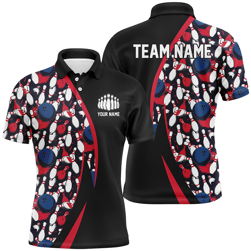 Red, White And Blue Bowling Ball And Pins Pattern Custom Bowling Team Jerseys For Men IPHW6732