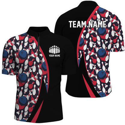Red, White And Blue Bowling Ball And Pins Pattern Custom Bowling Team Jerseys For Men IPHW6732