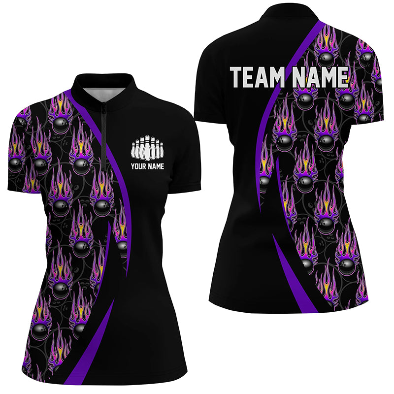 Purple Flame Bowling Ball Pattern Custom Bowling Shirts For Men, Fire Bowling League Outfits IPHW6733