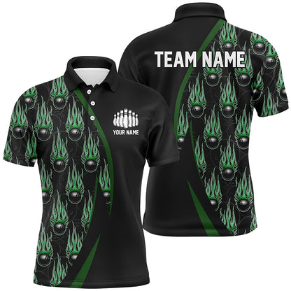 Green Flame Bowling Ball Pattern Custom Bowling Shirts For Men, Fire Bowling League Outfits IPHW6734