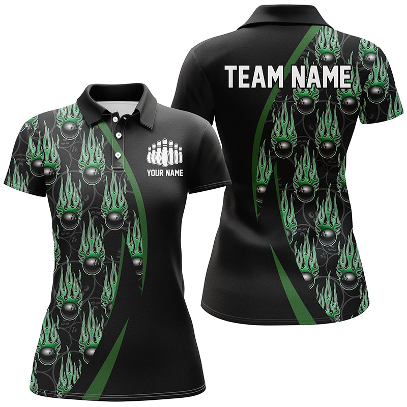 Green Flame Bowling Ball Pattern Custom Bowling Shirts For Men, Fire Bowling League Outfits IPHW6734
