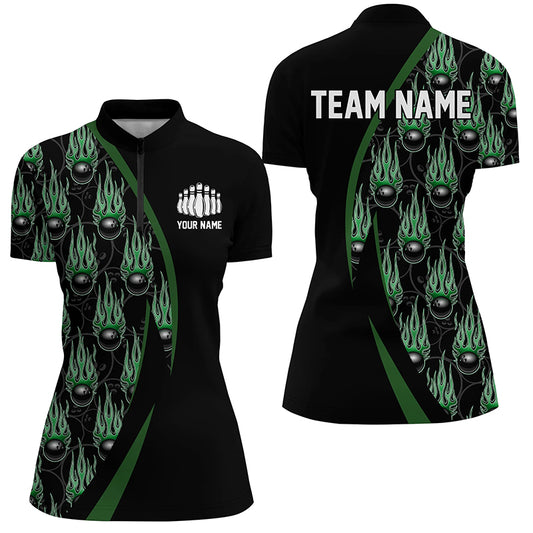Green Flame Bowling Ball Pattern Custom Bowling Shirts For Men, Fire Bowling League Outfits IPHW6734
