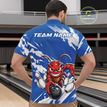 Back view of a male model in a bowling alley wearing a blue custom quarter zip bowling shirt with an aggressive crawfish bowling design and a distressed background.