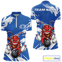 Load image into Gallery viewer, Front and back views of a blue custom women's quarter zip bowling shirt featuring an aggressive crawfish bowling design with a distressed background.