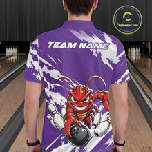 Load image into Gallery viewer, Back view of a male model in a bowling alley wearing a purple custom bowling polo shirt with a fierce yet funny crawfish bowling character and a distressed background design.