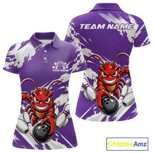 Load image into Gallery viewer, Front and back views of a purple custom women's bowling polo shirt featuring a fierce yet funny crawfish bowling character and a distressed background design.