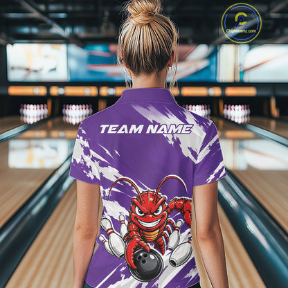 Back view of a female model in a bowling alley wearing a purple custom quarter zip bowling shirt with an aggressive crawfish bowling design and a distressed background.