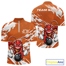 Load image into Gallery viewer, Front and back views of an orange custom quarter zip bowling shirt featuring an aggressive crawfish bowling design with a distressed background.