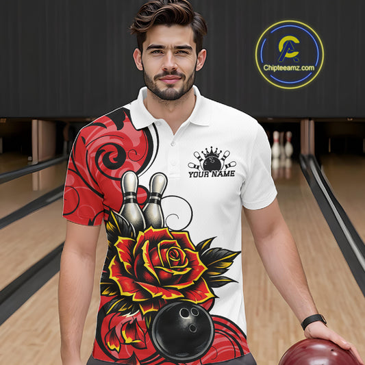 Custom Red Rose Bowling Men Polo Shirt, Floral Bowling Team Shirt IPHW11690