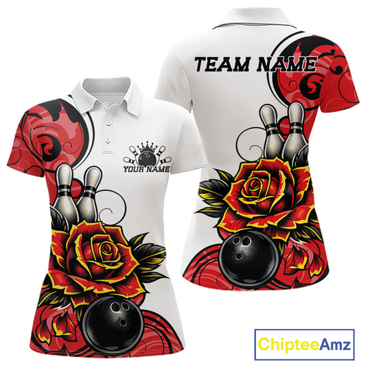 Custom Red Rose Bowling Women Polo Shirt, Floral Bowling Team Shirt IPHW11690