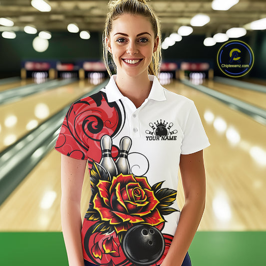 Custom Red Rose Bowling Women Polo Shirt, Floral Bowling Team Shirt IPHW11690