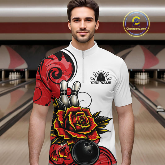 Custom Red Rose Bowling Men Quarter Zip Shirt, Floral Bowling Team Shirt IPHW11690