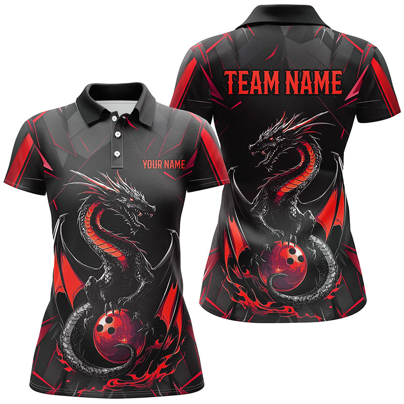 Custom Black And Red Dragon Bowling Shirts For Women, Dragon Bowling Team Shirts Uniform IPHW7313