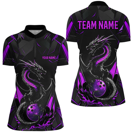 Custom Black And Purple Dragon Bowling Shirts For Women, Dragon Bowling Team Shirts Uniform IPHW7314