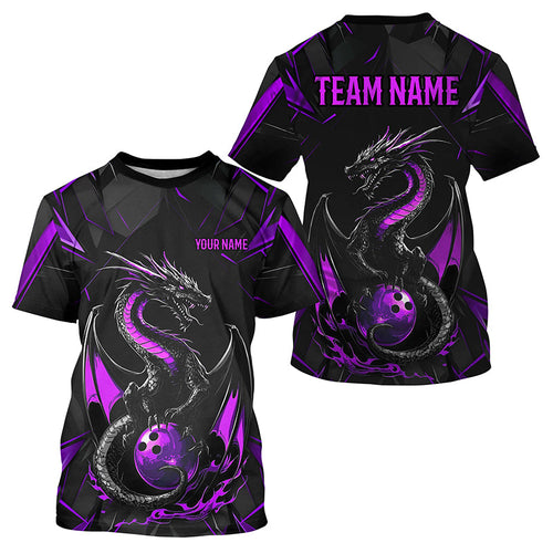 Custom Black And Purple Dragon Bowling T-Shirts For Men, Dragon Bowling Team Uniform IPHW7314