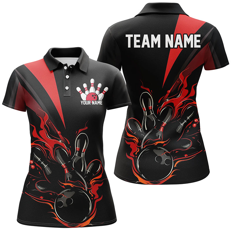 Custom Black And Red Flame Bowling Shirts For Women, Bowling League Shirts Team Jerseys IPHW7324