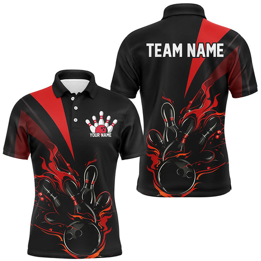 Custom Black And Red Flame Bowling Shirts For Men, Bowling League Shirts Team Jerseys IPHW7324