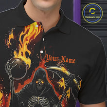 Load image into Gallery viewer, Grim Reaper Custom Flame Bowling Shirts For Men, Black And Fiery Halloween Bowling Outfits IPHW7631