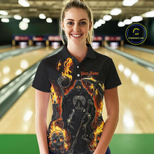 Load image into Gallery viewer, Grim Reaper Custom Flame Ladies Bowling Shirts, Black And Fiery Halloween Bowling Outfits IPHW7631