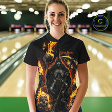 Load image into Gallery viewer, Grim Reaper Custom Flame Ladies Bowling Shirts, Black And Fiery Halloween Bowling Outfits IPHW7631