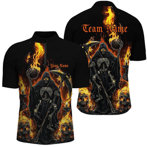 Grim Reaper Custom Flame Bowling Shirts For Men, Black And Fiery Halloween Bowling Outfits IPHW7631