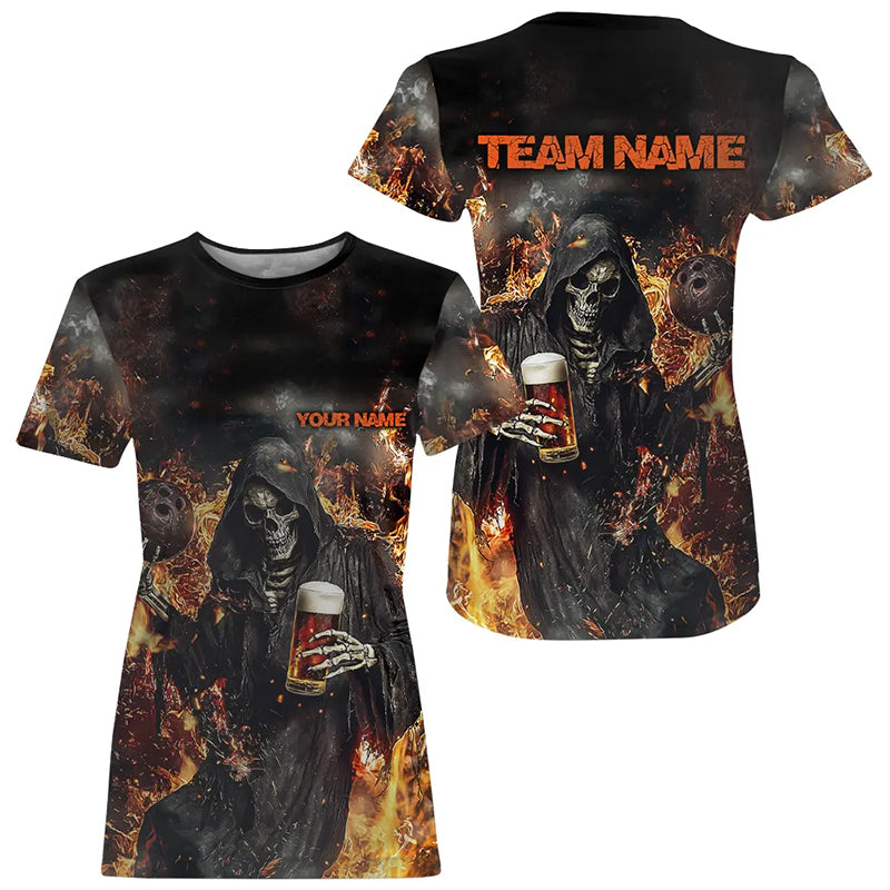 Bowling And Beer Custom Skull Bowling T-Shirts For Women, Gothic Halloween Style Outfits IPHW7632