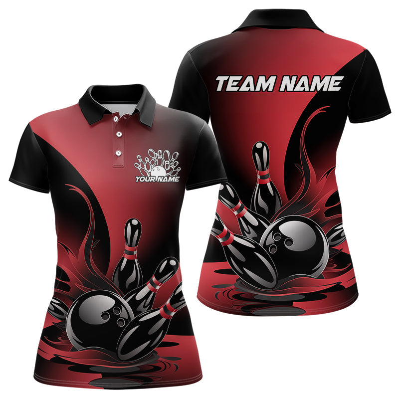 Custom Red And Black Flame Bowling Polo Shirts For Women, Bowling League Shirt Outfit IPHW8046