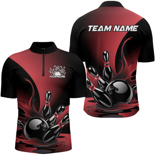 Custom Red And Black Flame Bowling Quarter-Zip Shirts For Men, Bowling League Shirt Outfit IPHW8046