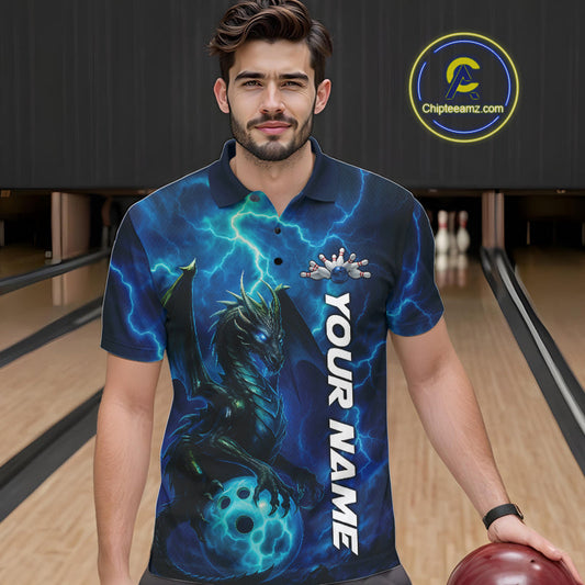 Custom Blue Thunder Lightning Bowling Team Men Polo Shirt, Dragon Bowling Jerseys IPHW10194
