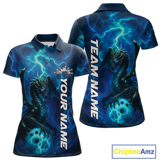 Custom Blue Thunder Lightning Bowling Team Women Polo Shirt, Dragon Bowling Jerseys IPHW10194