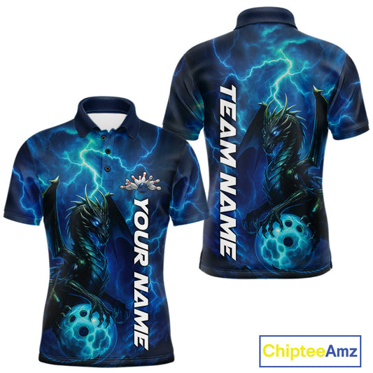 Custom Blue Thunder Lightning Bowling Team Men Polo Shirt, Dragon Bowling Jerseys IPHW10194