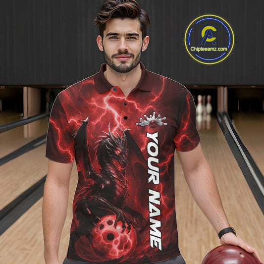 Custom Red Thunder Lightning Bowling Team Men Polo Shirt, Dragon Bowling Jerseys IPHW10195