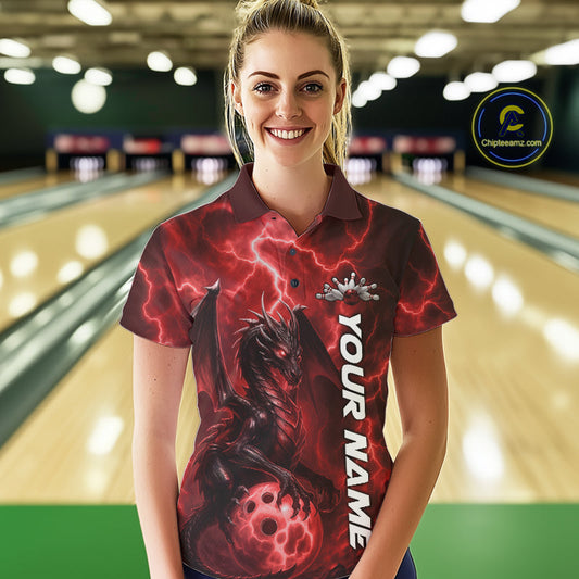 Custom Red Thunder Lightning Bowling Team Women Polo Shirt, Dragon Bowling Jerseys IPHW10195