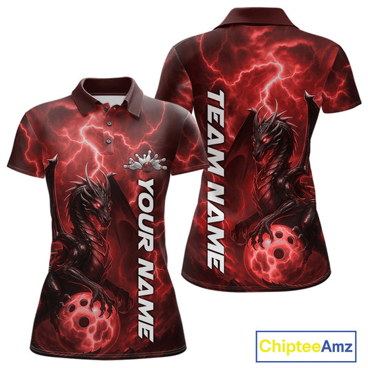 Custom Red Thunder Lightning Bowling Team Women Polo Shirt, Dragon Bowling Jerseys IPHW10195