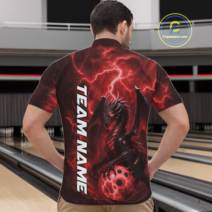 Custom Red Thunder Lightning Bowling Team Men Quarter-Zip Shirt, Dragon Bowling Jerseys IPHW10195