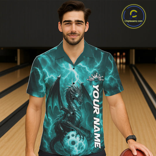 Custom Turquoise Blue Thunder Lightning Bowling Team Men And Women Hawaiian Shirt, Bowling Jerseys IPHW10196
