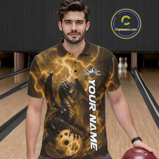 Custom Yellow Thunder Lightning Bowling Team Men Polo Shirt, Dragon Bowling Jerseys IPHW10198